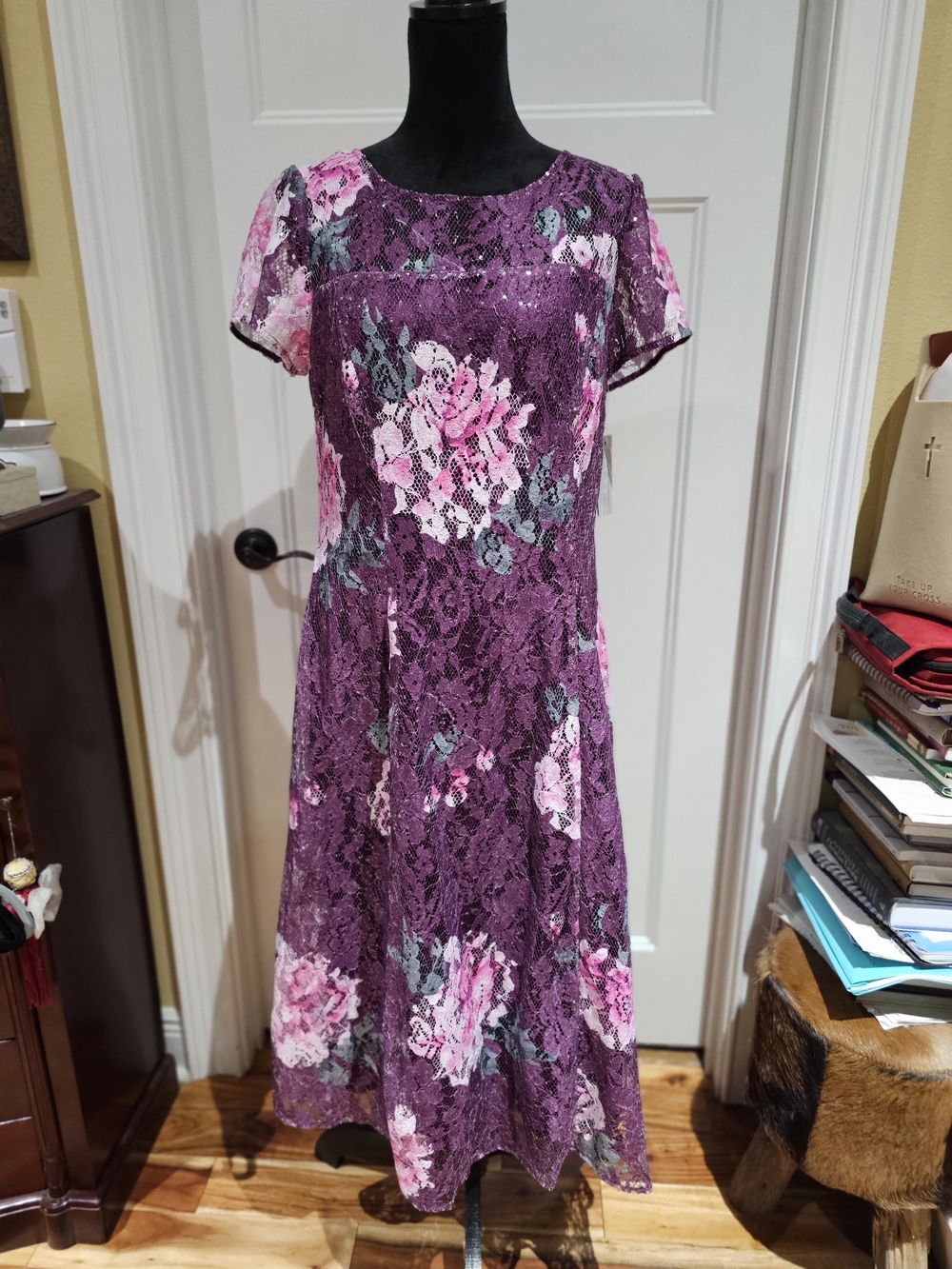 SLNY Purple Lace Maxi Dress with Pink Floral Accents & Sequins, NWT